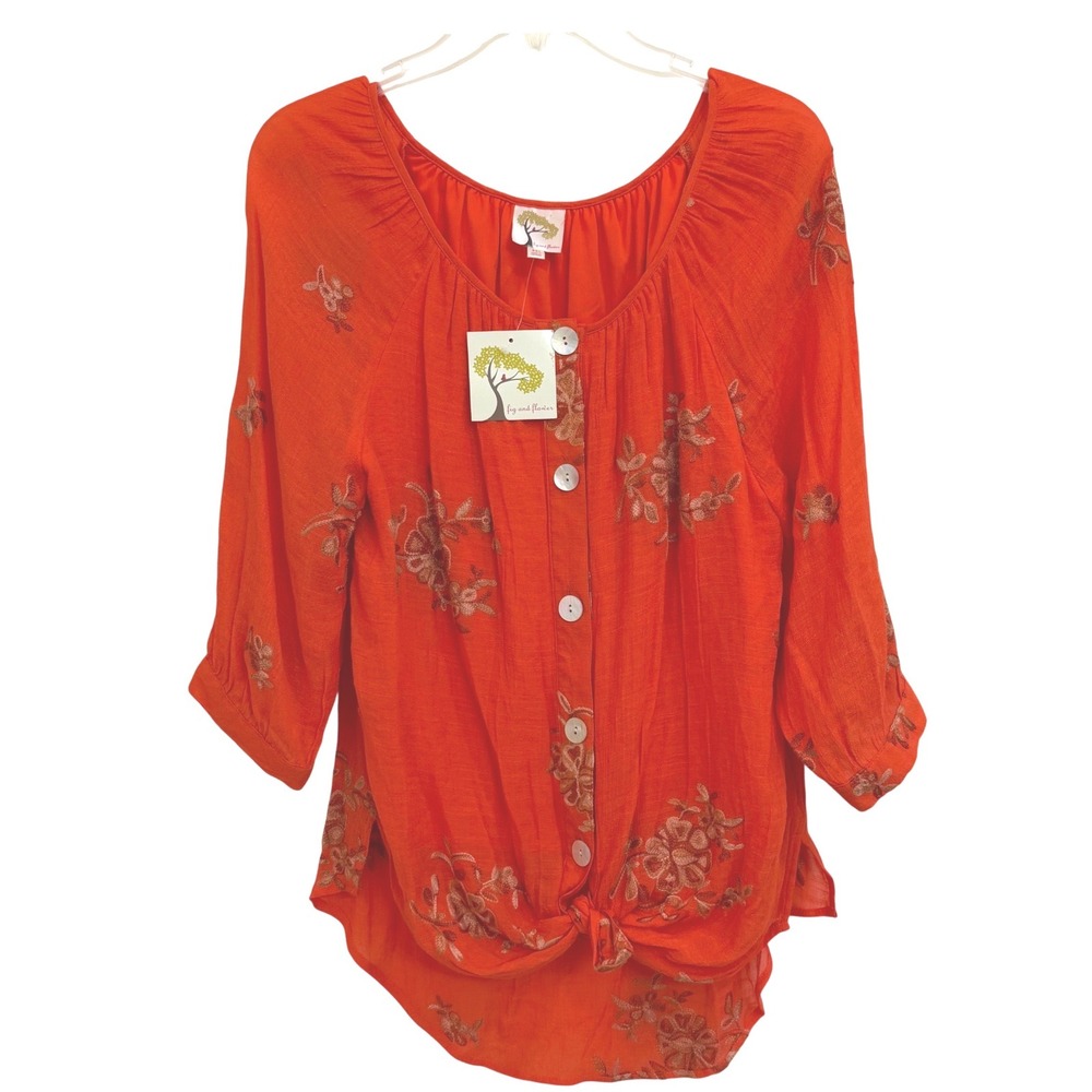 Fig and Flower Anthropologie Boho Orange Embroidered Tie Front Blouse  NWT M